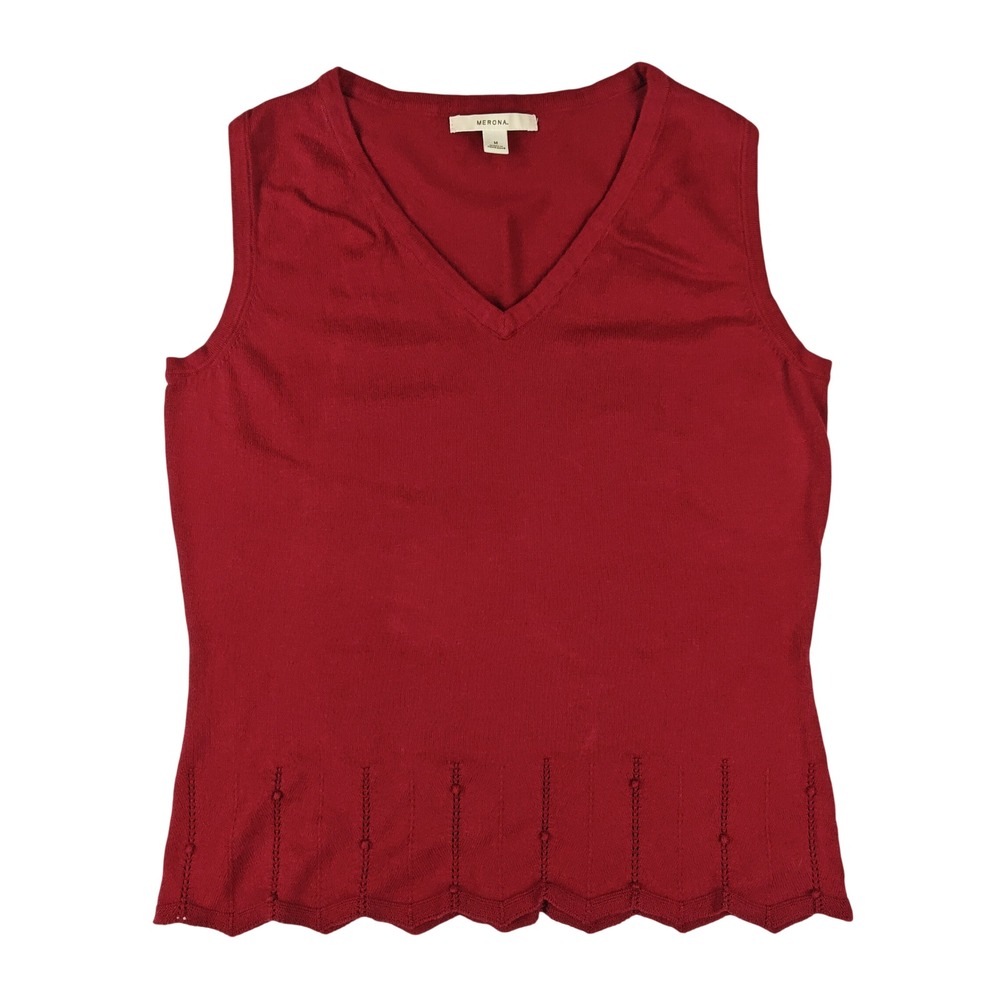 Merona Red V-Neck Sleeveless Knit Top Scalloped Hem Size‎ M